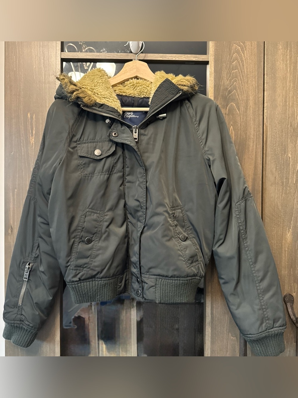 American Eagle Bomber Jacket Womens M Army Green Faux Fur Coat Parka Y2K